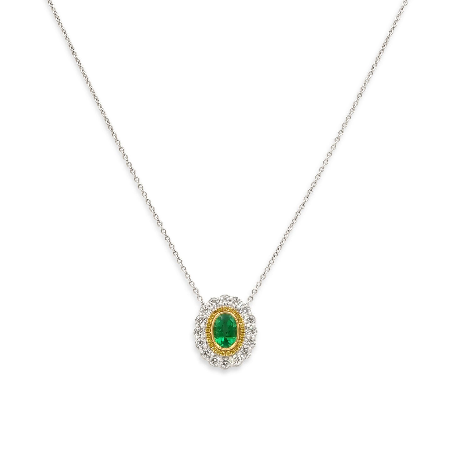 Leibish Emerald, Yellow and White Diamond Necklace 18K Gold