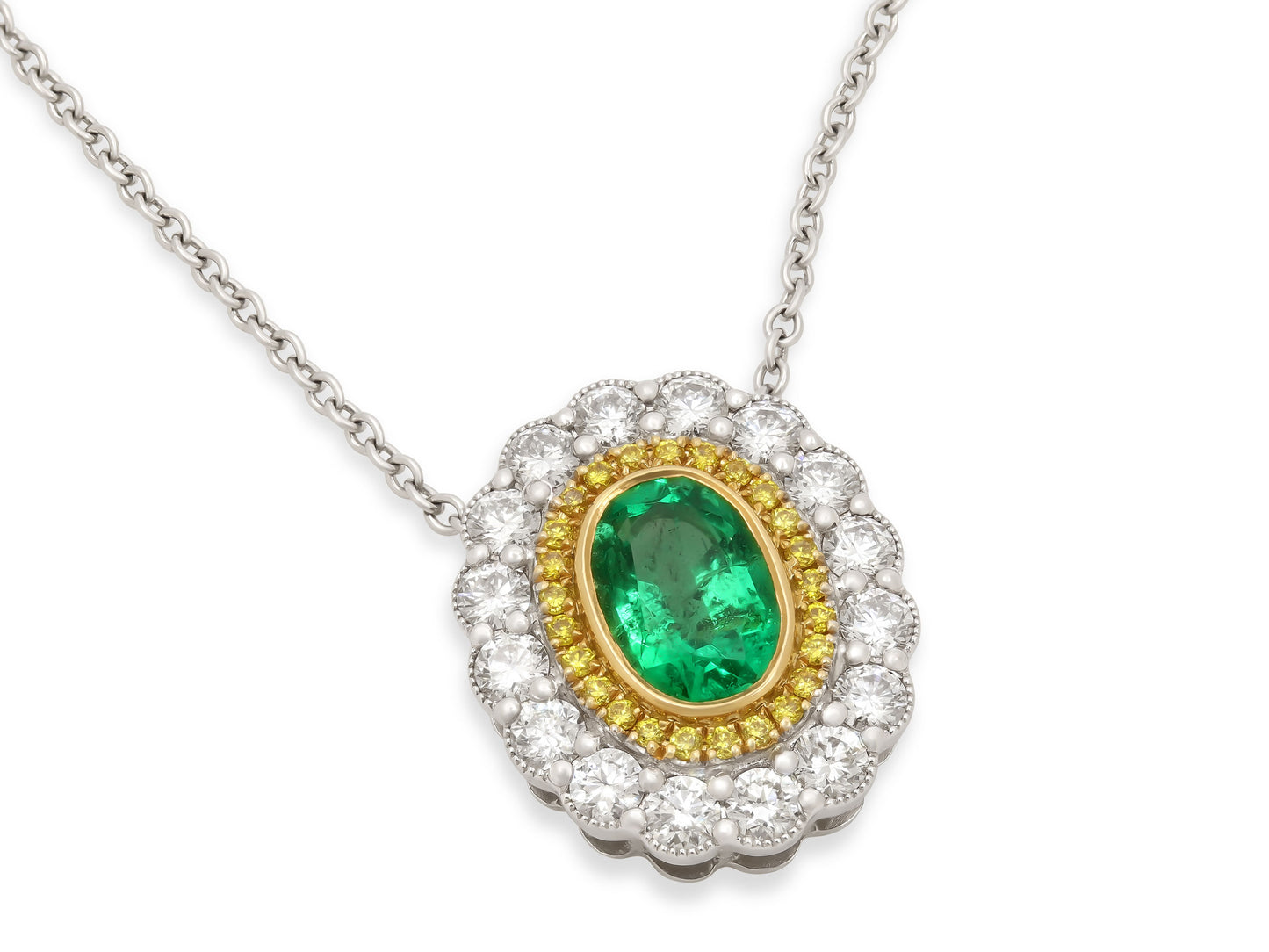 Leibish Emerald, Yellow and White Diamond Necklace 18K Gold