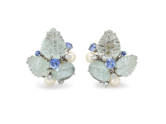 Seaman Schepps Aquamarine, Sapphire, Diamond and Pearl Earrings in 18K White Gold