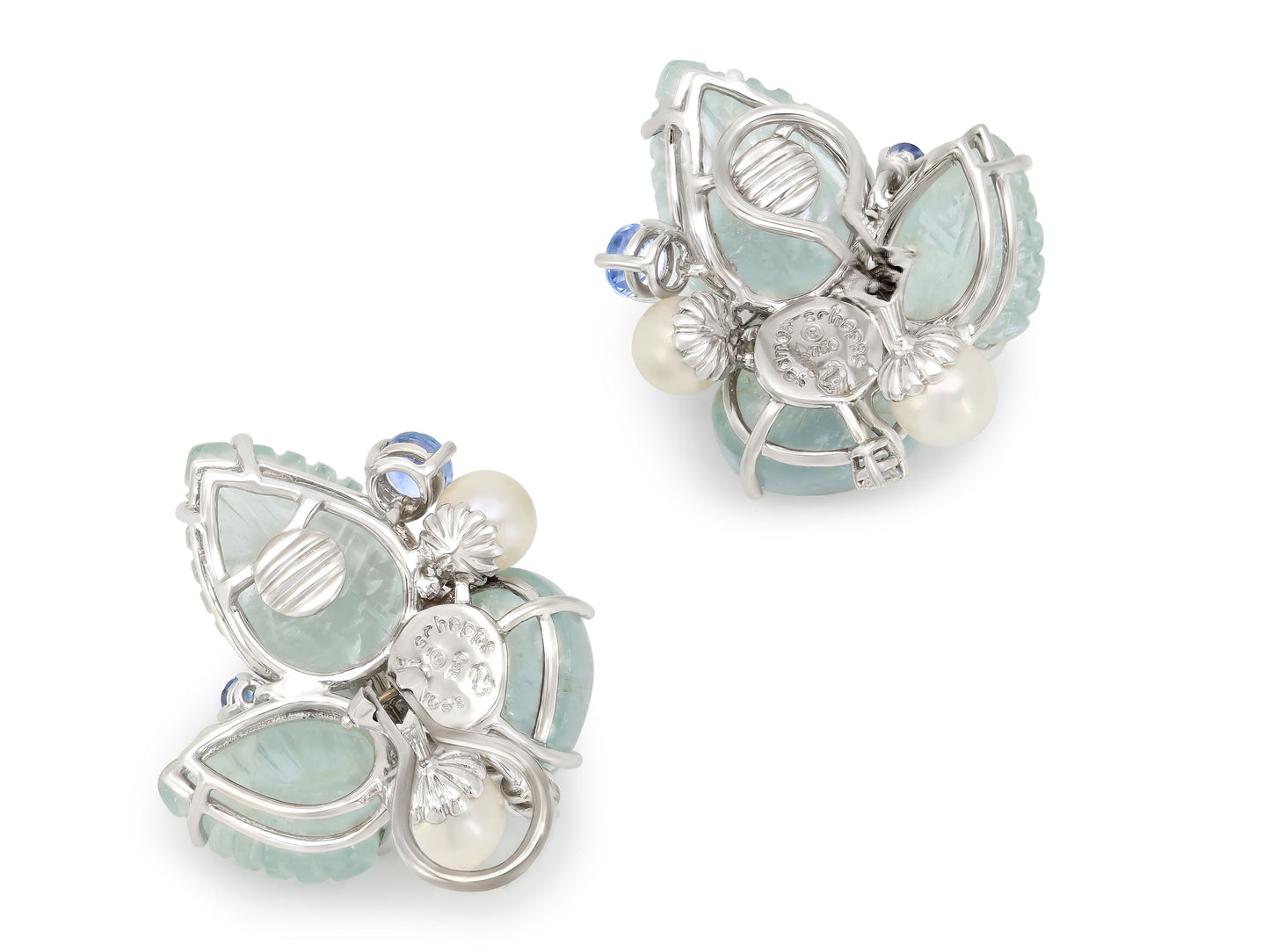 Seaman Schepps Aquamarine, Sapphire, Diamond and Pearl Earrings in 18K White Gold