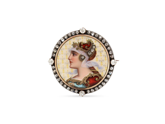 Antique Victorian Diamond and Enamel Portrait Brooch in Silver over 14K Gold