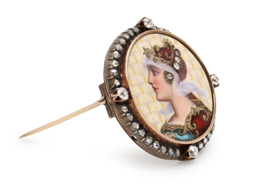 Antique Victorian Diamond and Enamel Portrait Brooch in Silver over 14K Gold