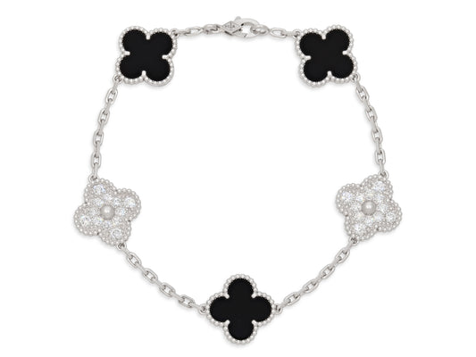 Van Cleef & Arpels 'Vintage Alhambra' Diamond and Onyx Bracelet, 5 Motifs, in 18K White Gold