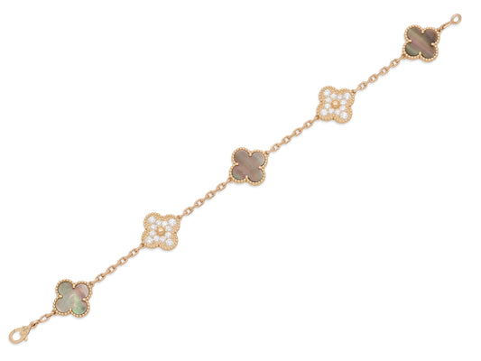 Van Cleef & Arpels 'Vintage Alhambra' Diamond and Mother-Of-Pearl Bracelet, 5 Motifs, in 18K Rose Gold
