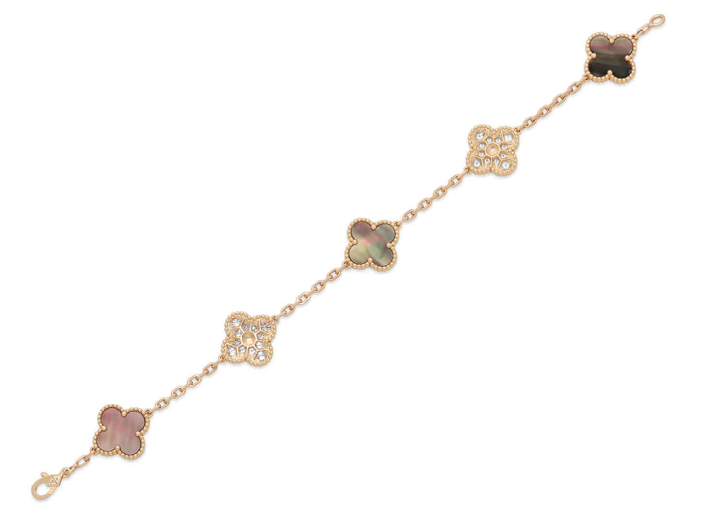 Van Cleef & Arpels 'Vintage Alhambra' Diamond and Mother-Of-Pearl Bracelet, 5 Motifs, in 18K Rose Gold