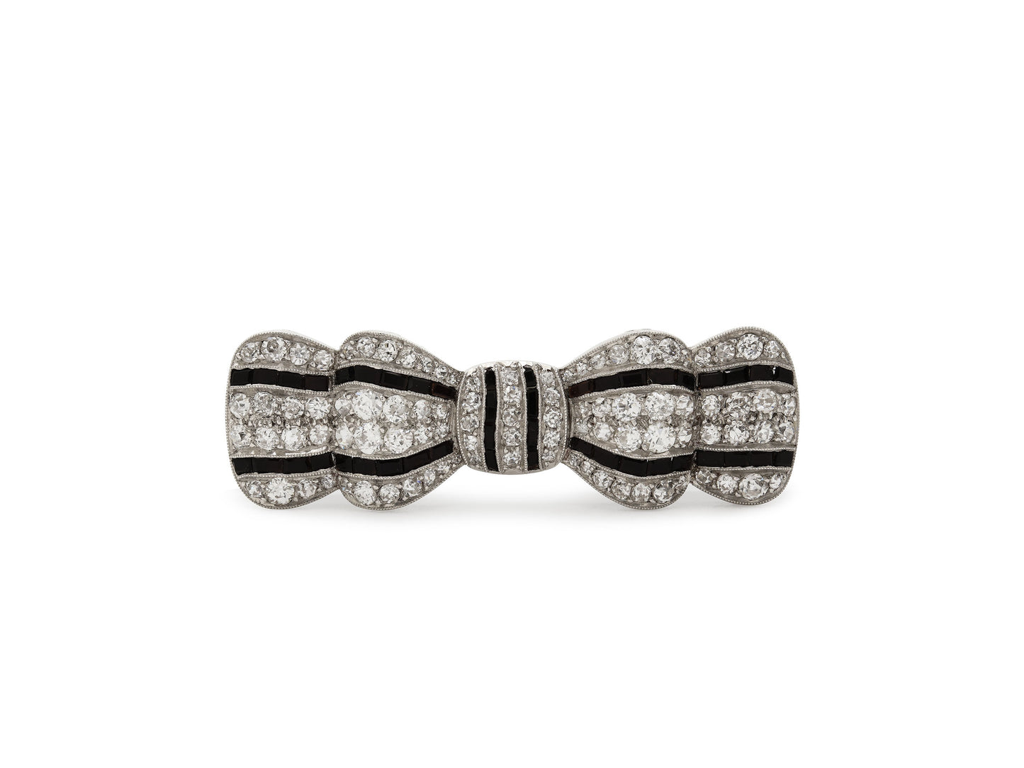 Antique Edwardian Diamond and Onyx Bow Brooch in Platinum