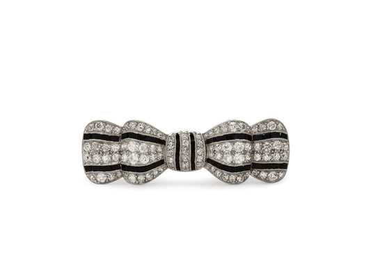 Antique Edwardian Diamond and Onyx Bow Brooch in Platinum