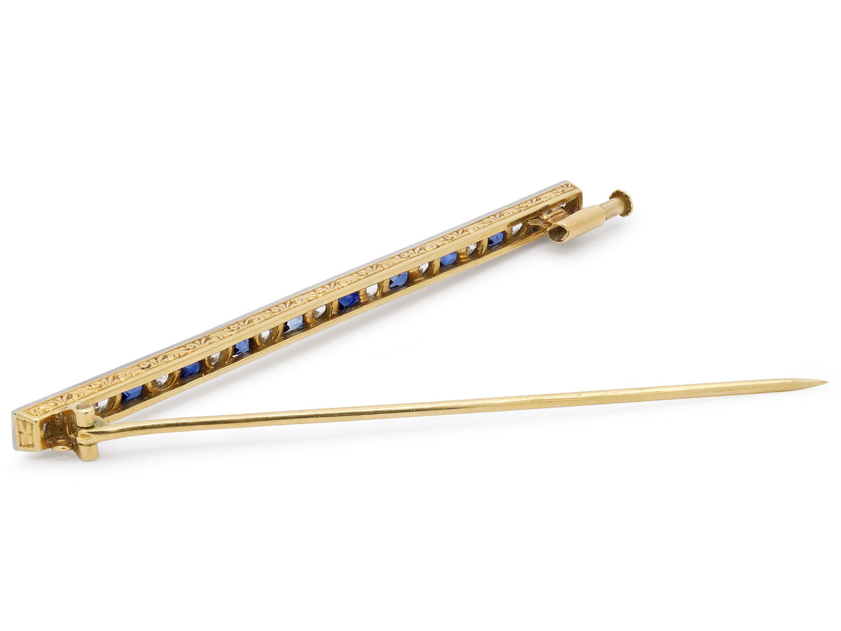 Antique Edwardian Diamond and Sapphire Bar Brooch in 18K Gold