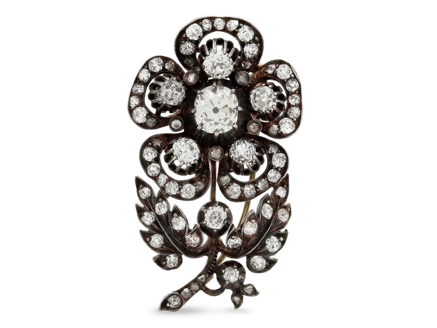 Antique Victorian Diamond Flower Brooch in Silver over 14K Gold