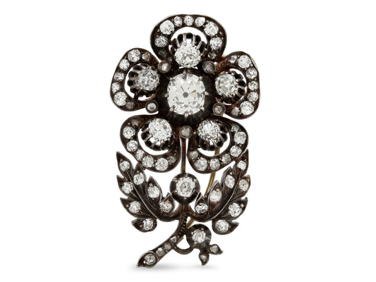 Antique Victorian Diamond Flower Brooch in Silver over 14K Gold