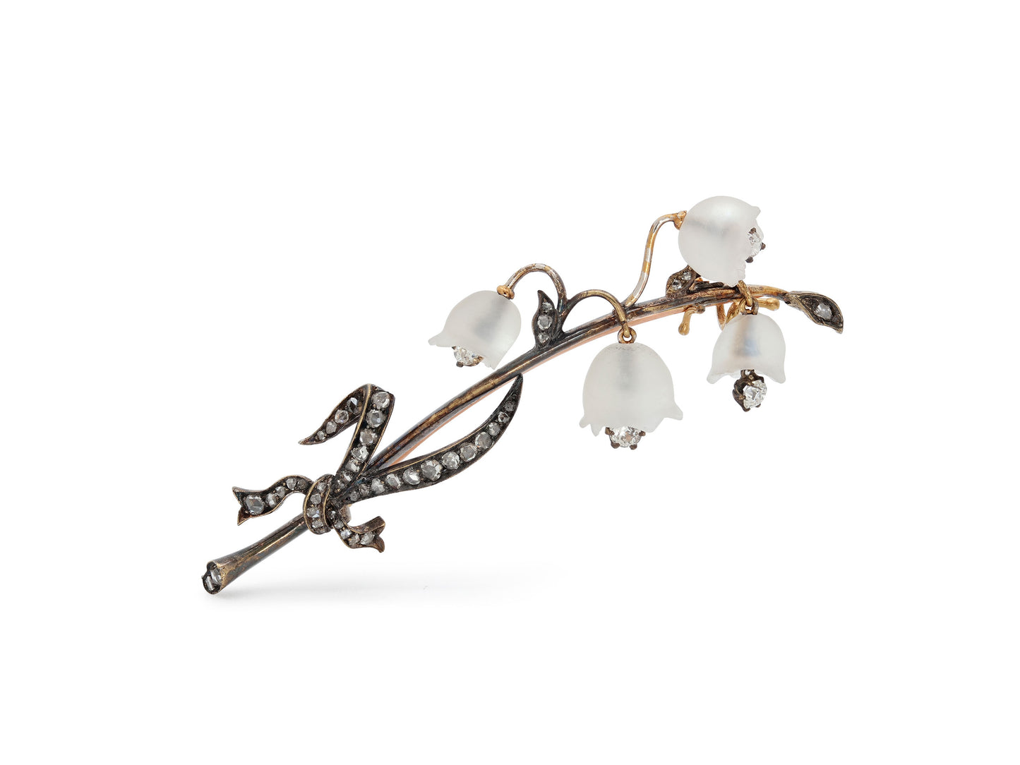 Antique Victorian Russian Diamond and Moonstone Lily of the Valley Brooch in Silver over Gold