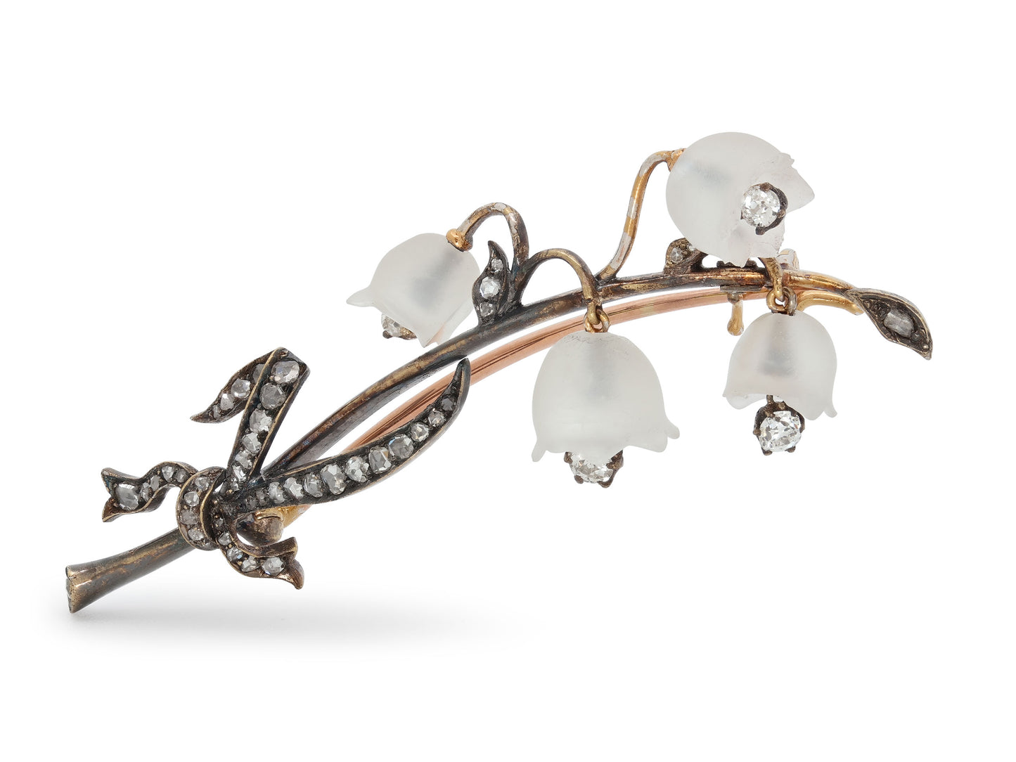 Antique Victorian Russian Diamond and Moonstone Lily of the Valley Brooch in Silver over Gold