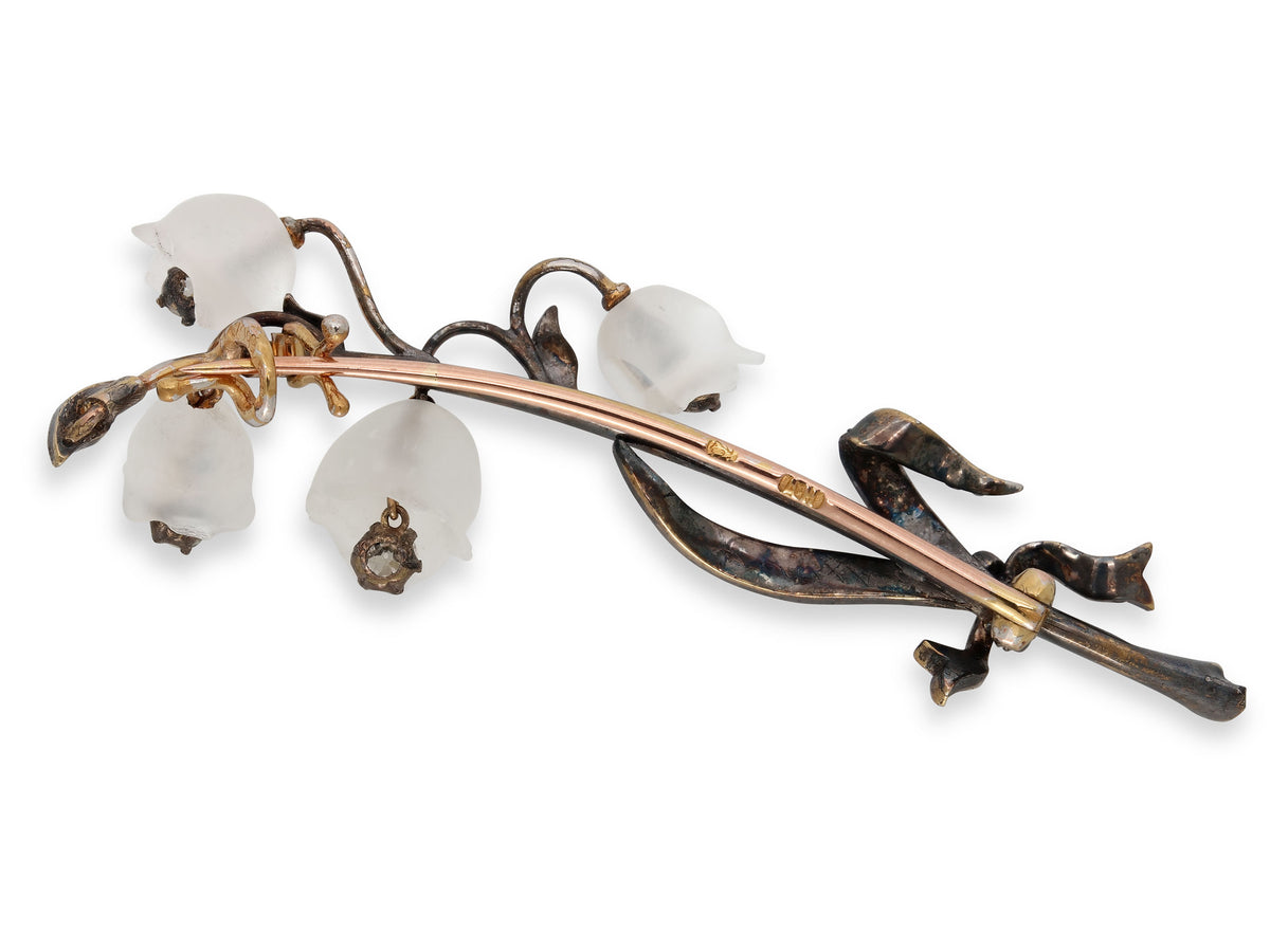 Antique Russian Diamond and Moonstone Lily of the Valley Brooch in Silver over Gold