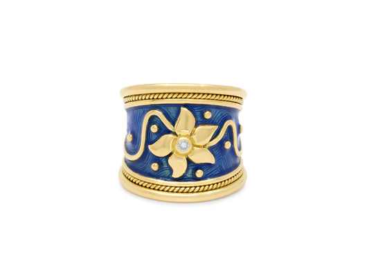 Elizabeth Gage Diamond and Enamel Ring in 18K Gold