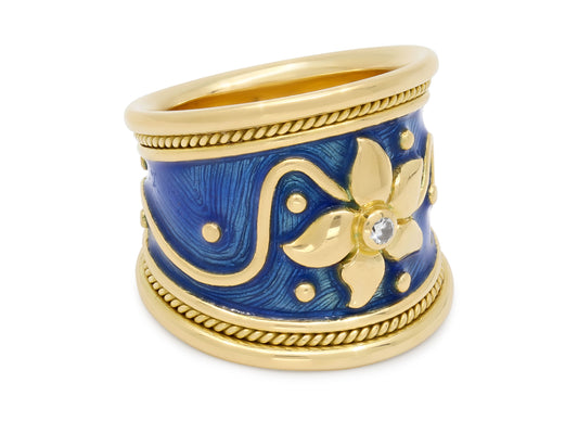 Elizabeth Gage Diamond and Enamel Ring in 18K Gold