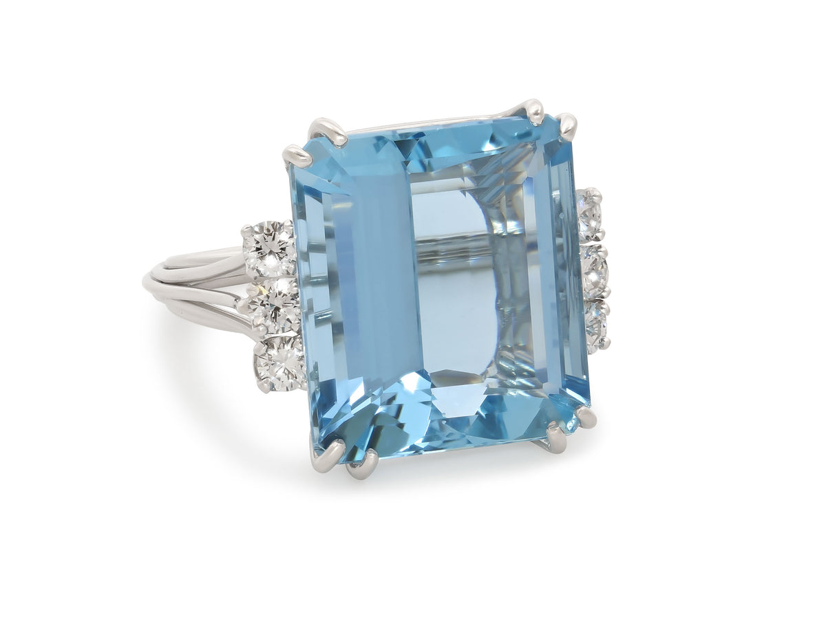 Mid-Century Aquamarine and Diamond Ring in Platinum