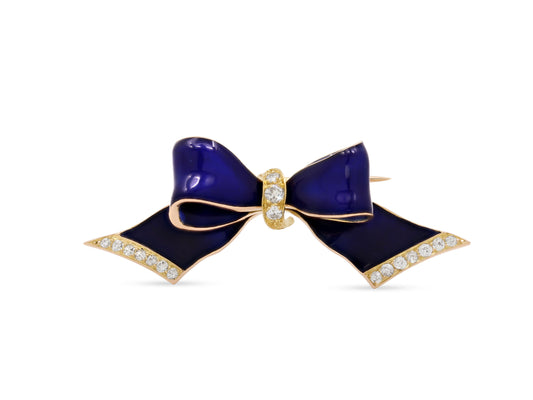 Diamond and Enamel Bow Pin in 14K Gold