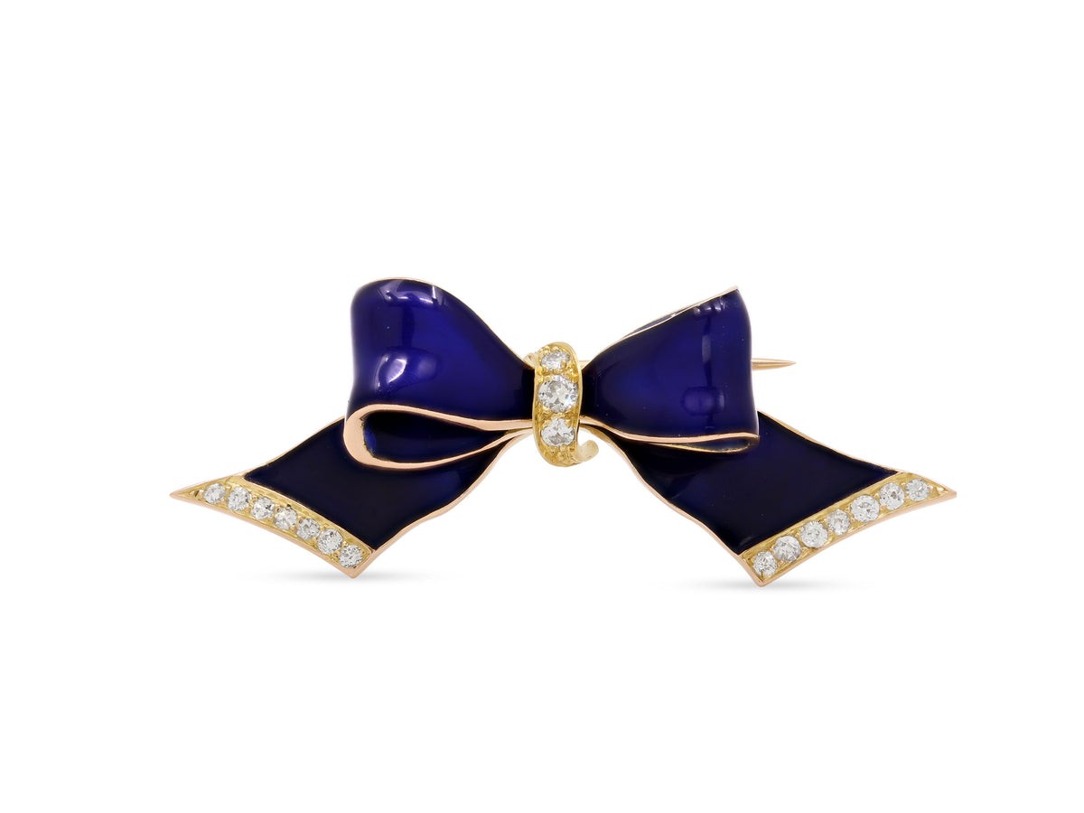 Art Deco Diamond and Enamel Bow Pin in 14K Gold