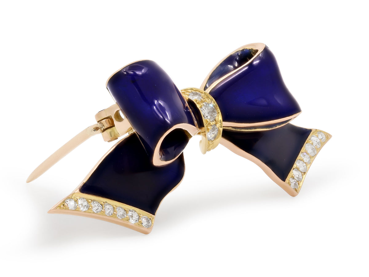 Art Deco Diamond and Enamel Bow Pin in 14K Gold