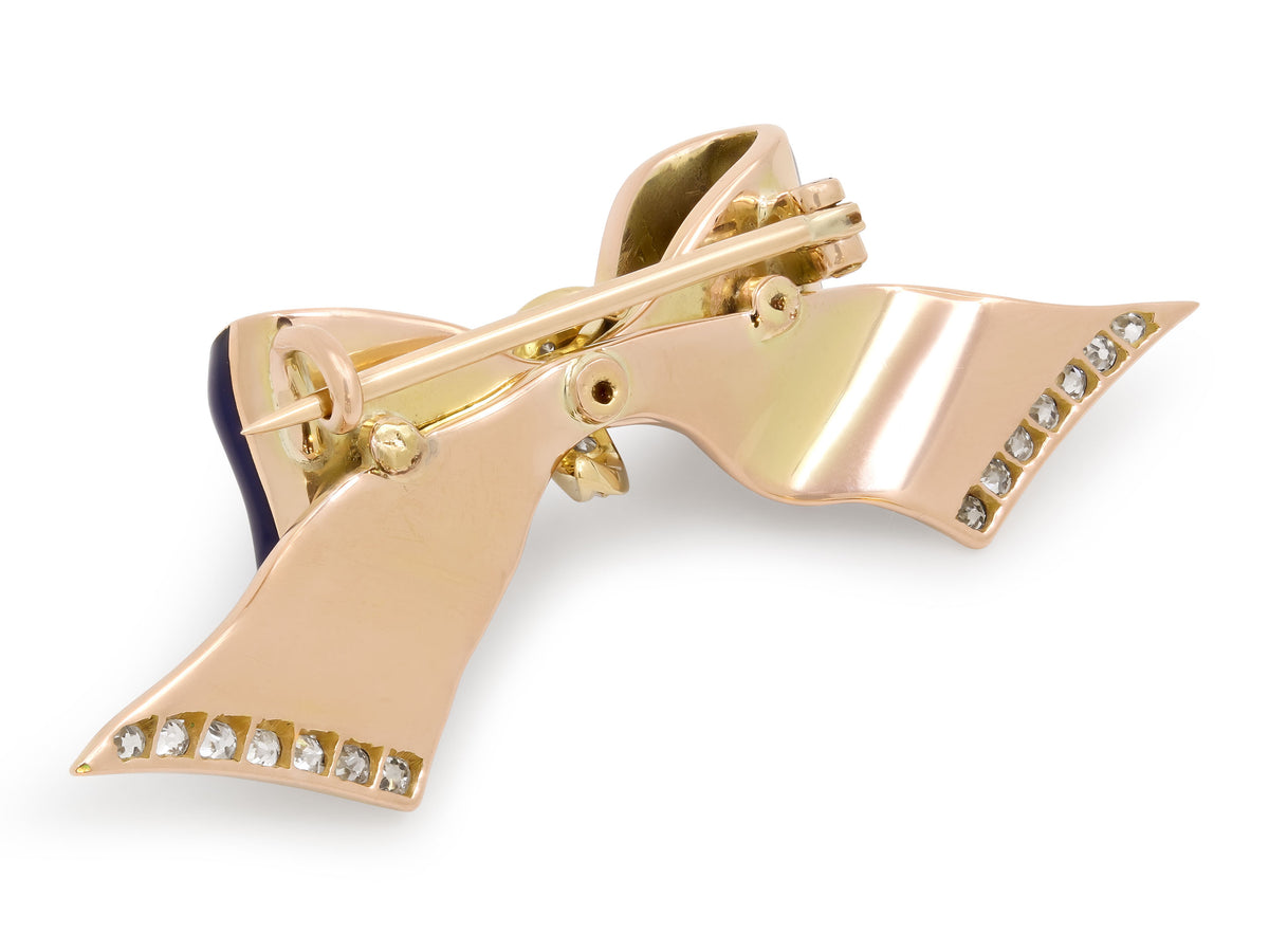 Art Deco Diamond and Enamel Bow Pin in 14K Gold