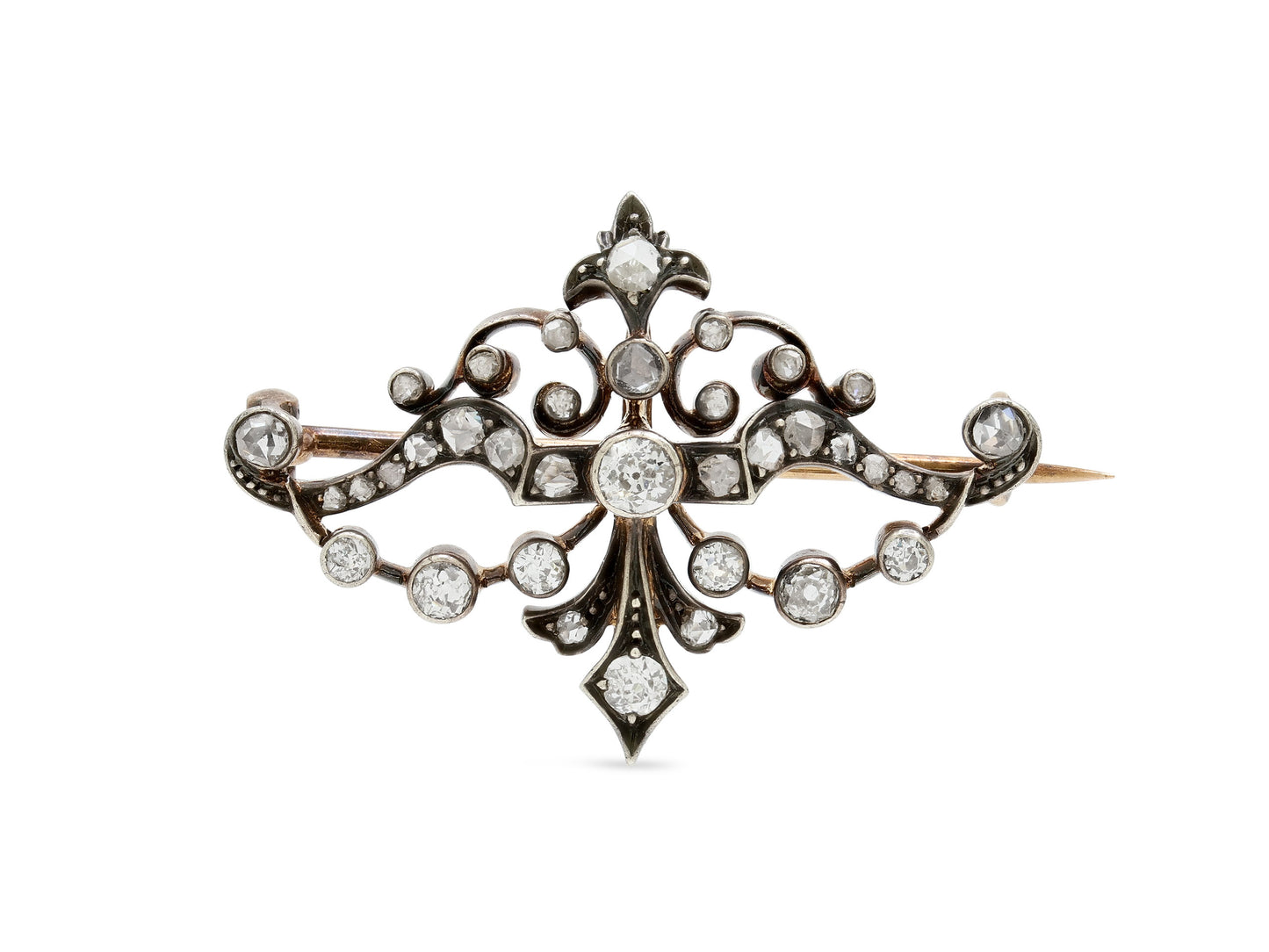 Antique Victorian Diamond Brooch in Silver over Gold, French