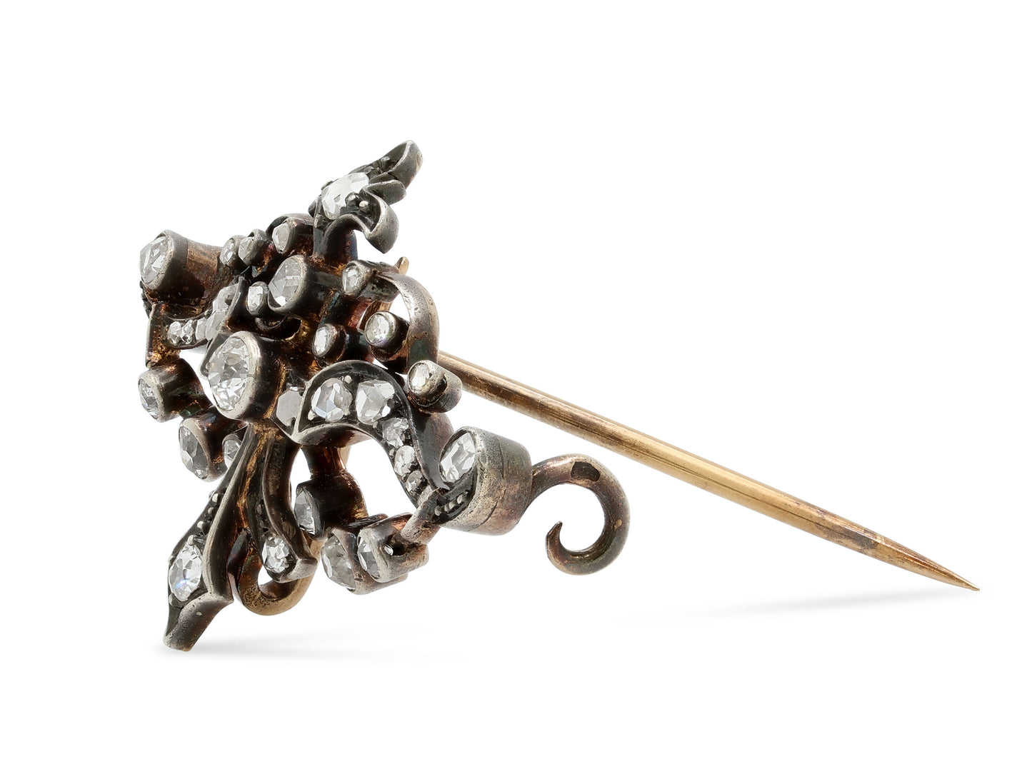 Antique Victorian Diamond Brooch in Silver over Gold, French