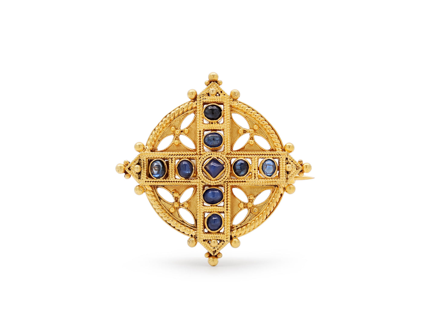 Antique Victorian Castellani Sapphire Cross Brooch in 18K Gold