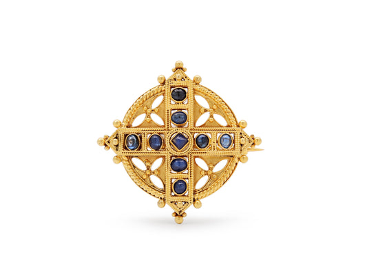 Antique Victorian Castellani Sapphire Cross Brooch in 18K Gold