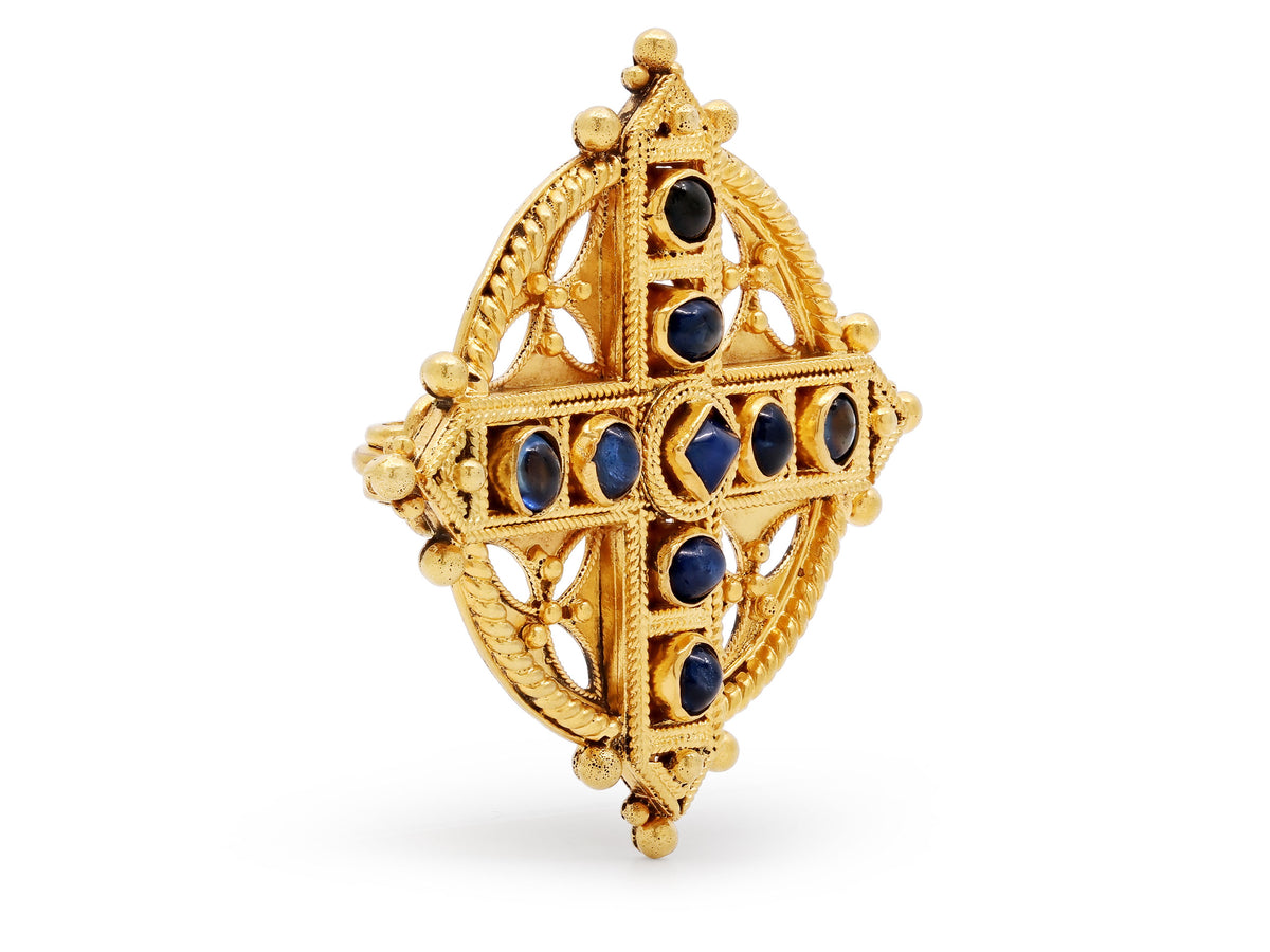 Antique Victorian Castellani Sapphire Cross Brooch in 18K Gold