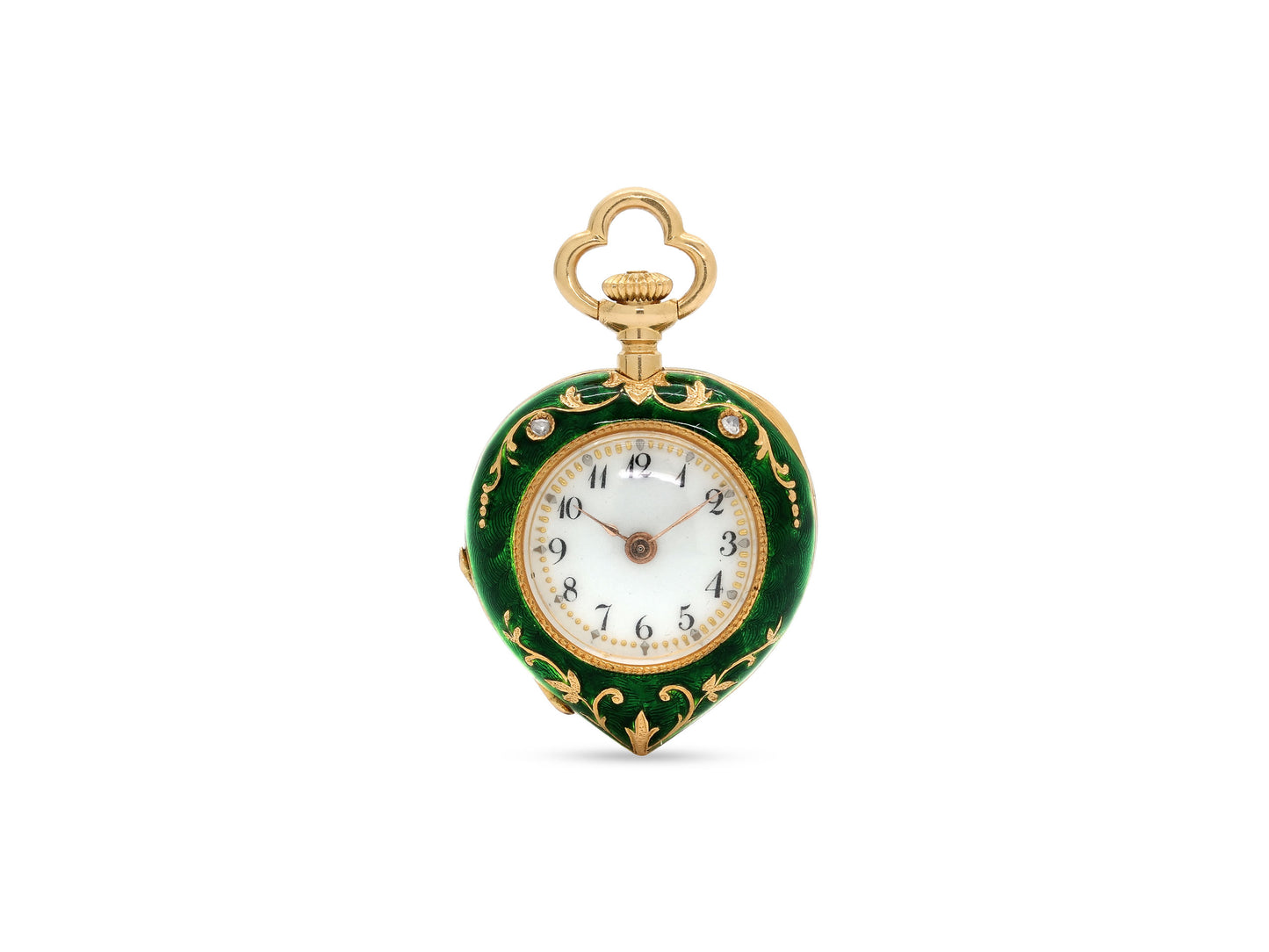 Mid-Century Diamond and Enamel Heart Pocket Watch in 18K Gold
