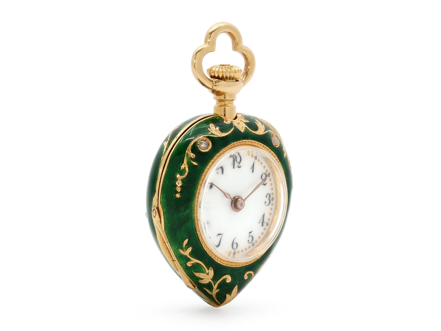 Mid-Century Diamond and Enamel Heart Pocket Watch in 18K Gold