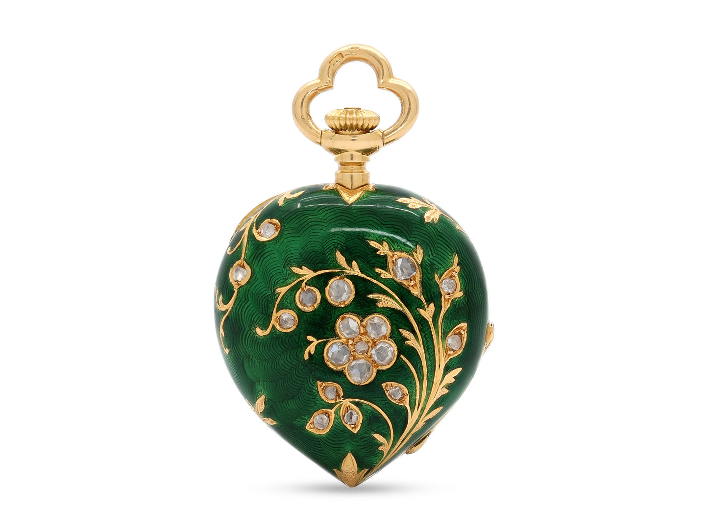 Mid-Century Diamond and Enamel Heart Pocket Watch in 18K Gold