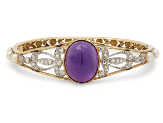 Antique Edwardian Black Starr & Frost Amethyst, Diamond and Pearl Bangle Bracelet in 14K Gold and Platinum