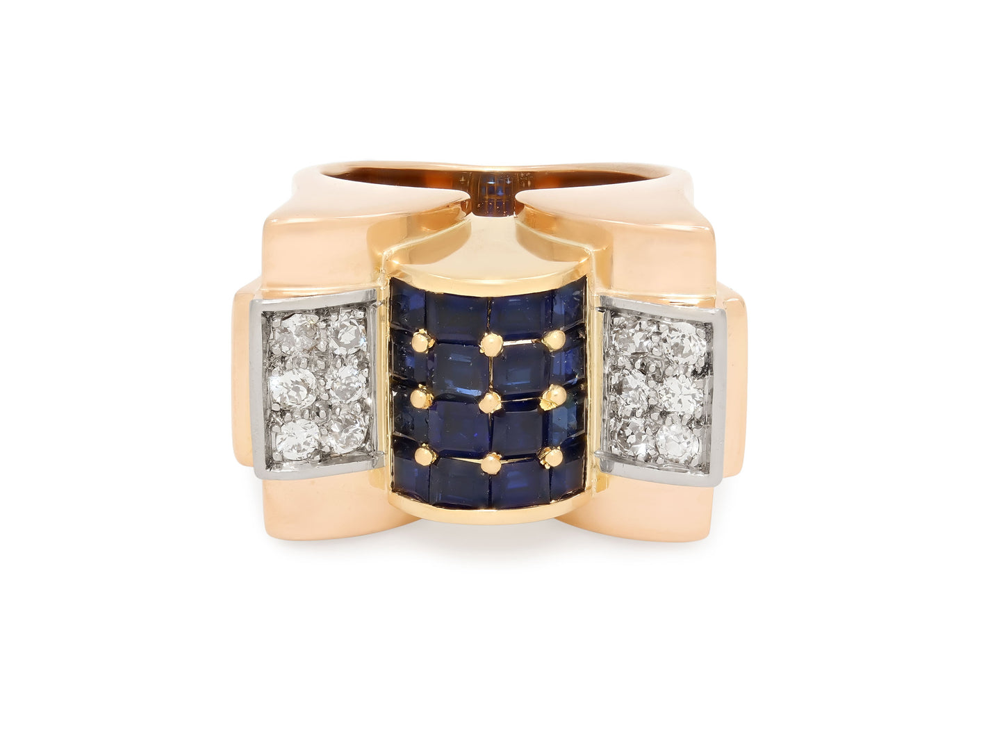 Retro Sapphire and Diamond Tank Ring in 14K Gold