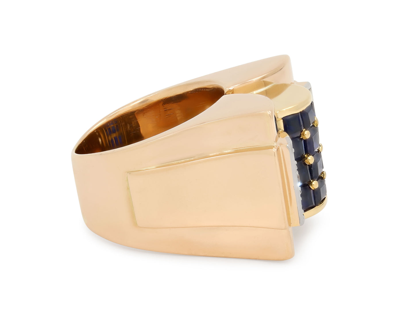 Retro Sapphire and Diamond Tank Ring in 14K Gold