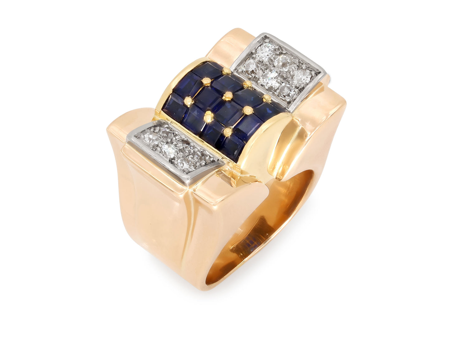 Retro Sapphire and Diamond Tank Ring in 14K Gold