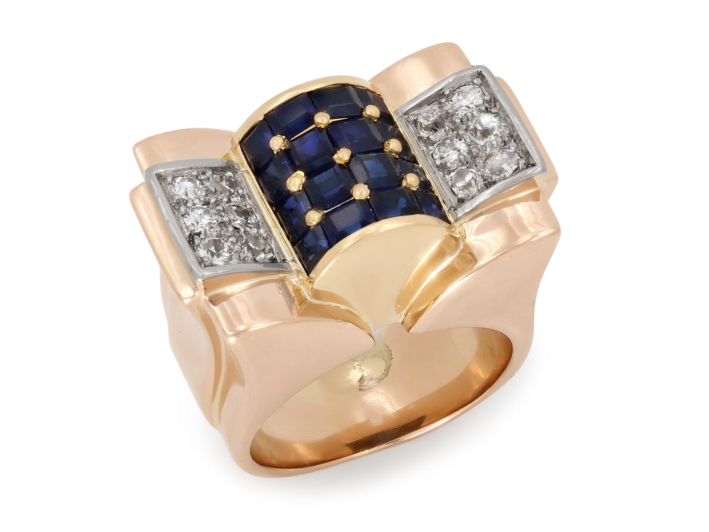 Retro Sapphire and Diamond Tank Ring in 14K Gold