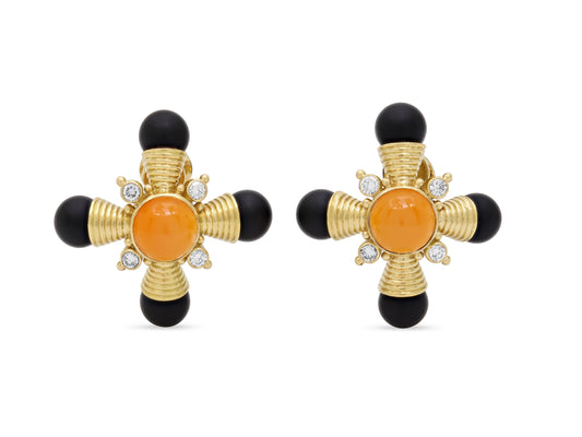 Elizabeth Gage Carnelian, Diamond and Ebony Earrings in 18K Gold