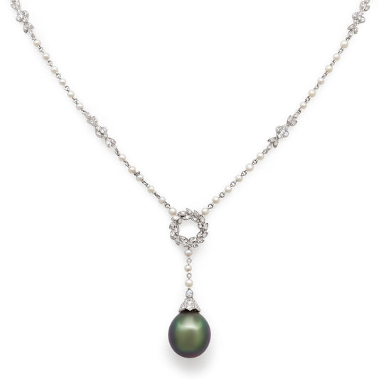 Tiffany & Co. 'Wreath' Pearl and Diamond Lariat Necklace in Platinum