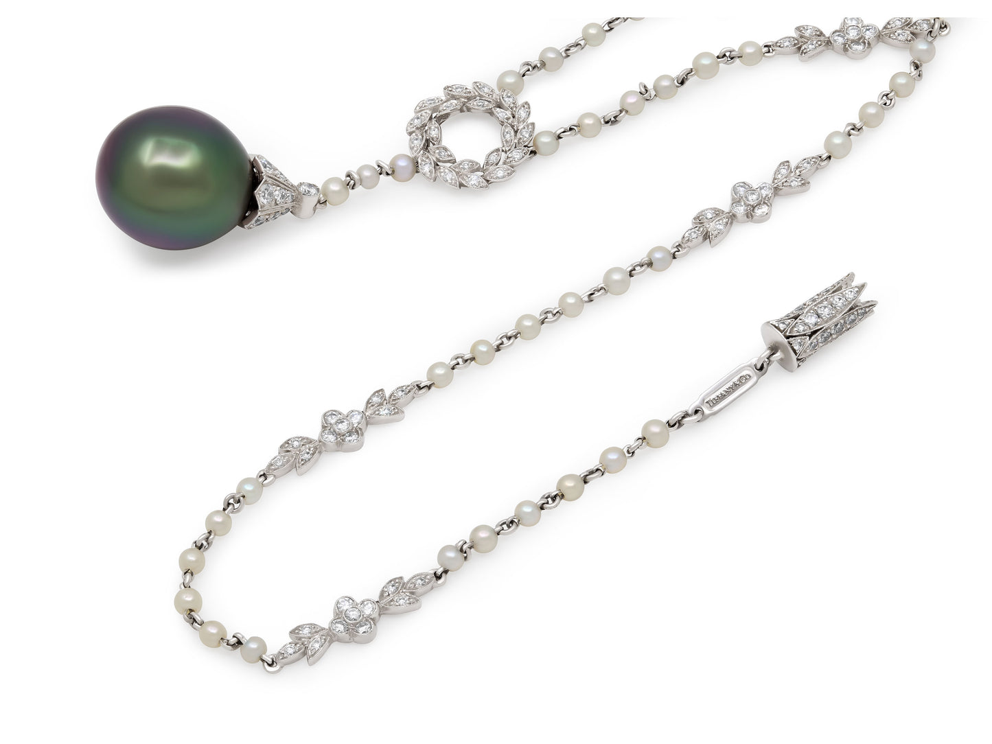 Tiffany & Co. 'Wreath' Pearl and Diamond Lariat Necklace in Platinum