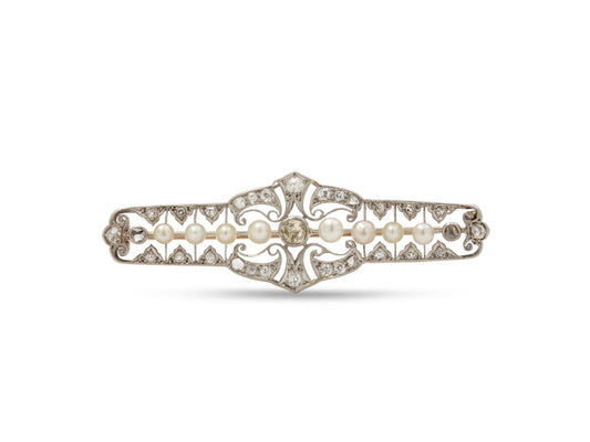 Antique Edwardian Diamond and Natural Pearl Brooch in Platinum