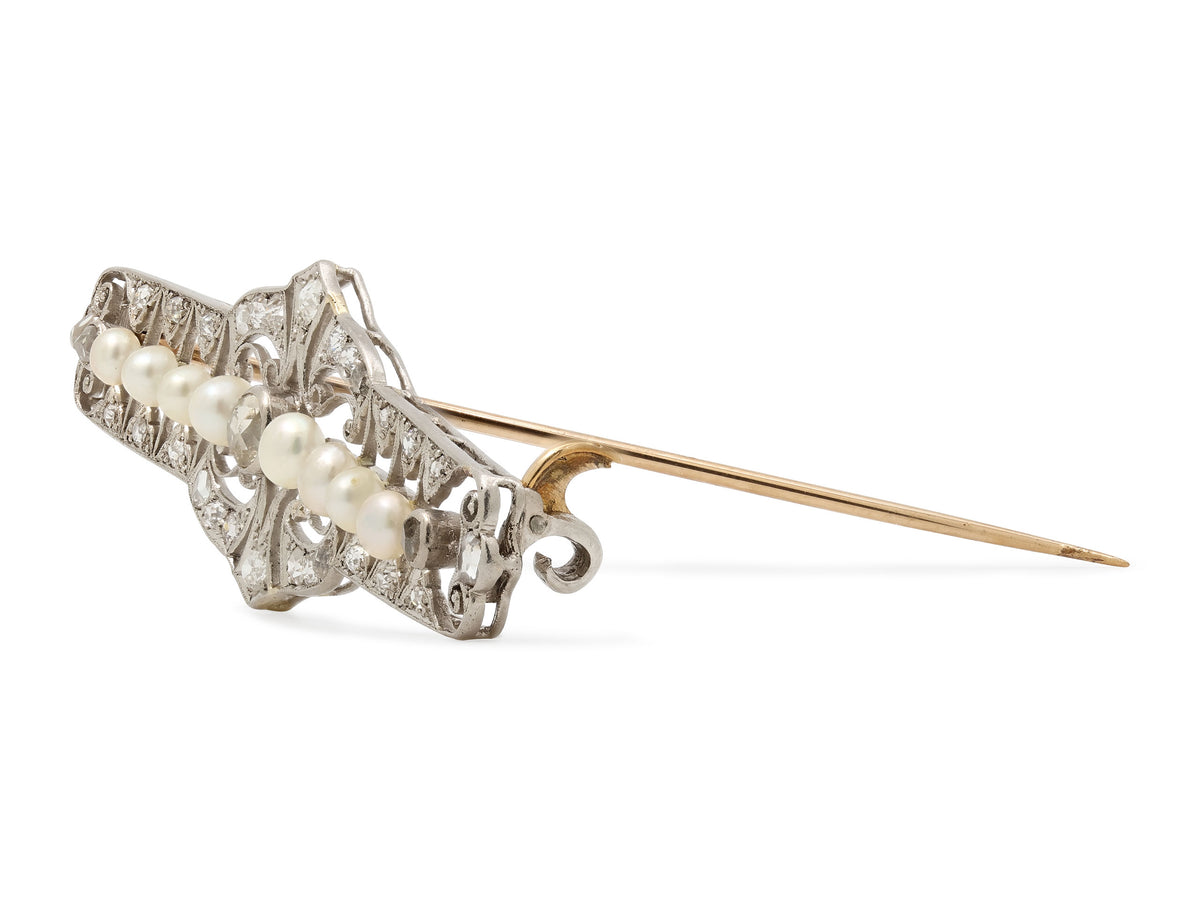Antique Edwardian Diamond and Natural Pearl Brooch in Platinum