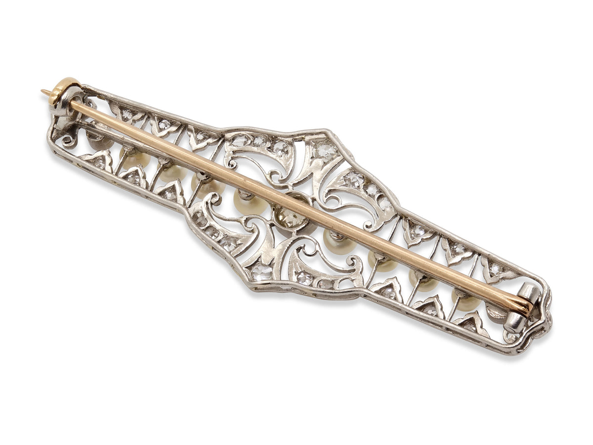 Antique Edwardian Diamond and Natural Pearl Brooch in Platinum
