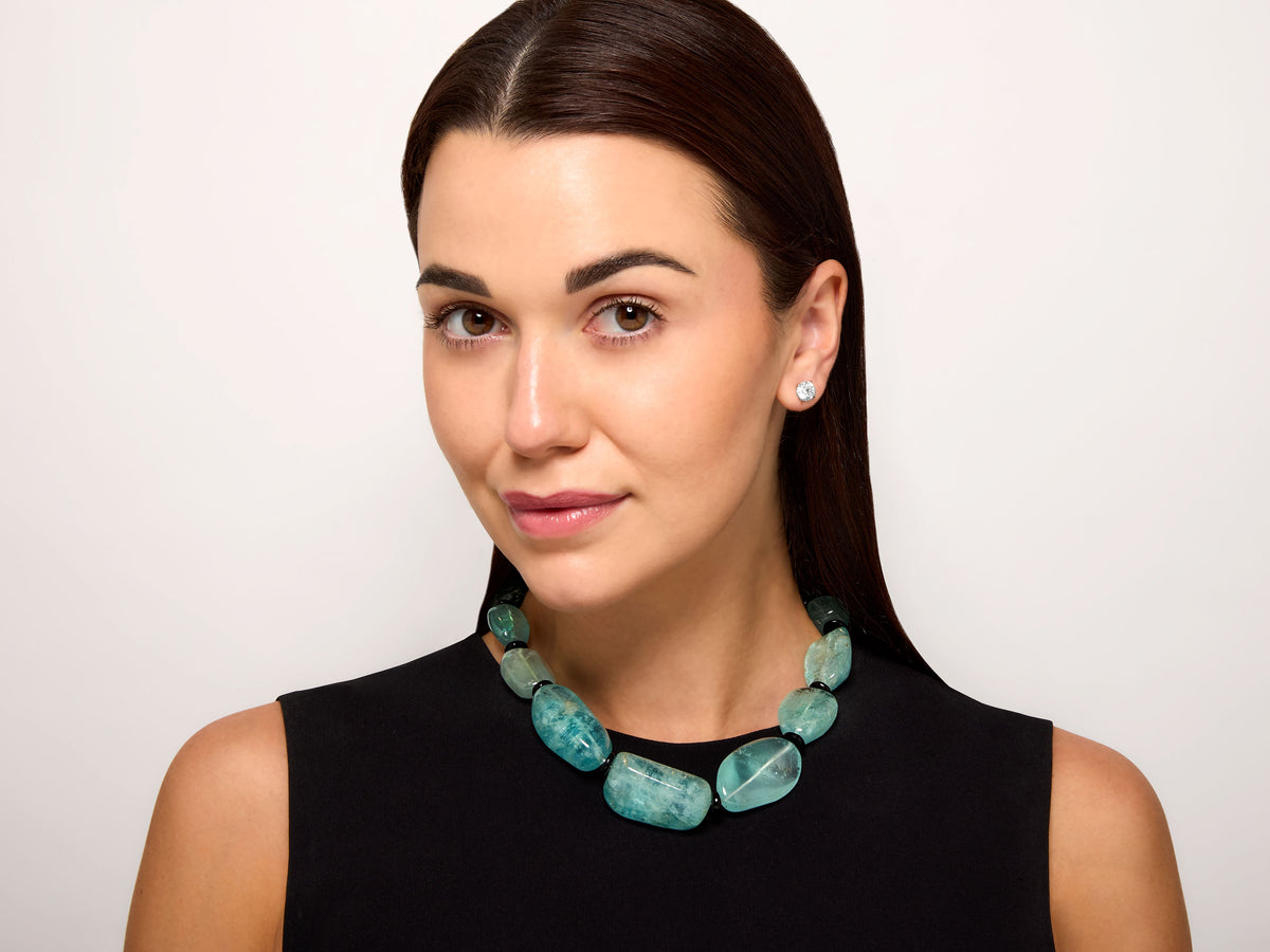 Aquamarine Bead Necklace with 18K Gold and Diamond Clasp