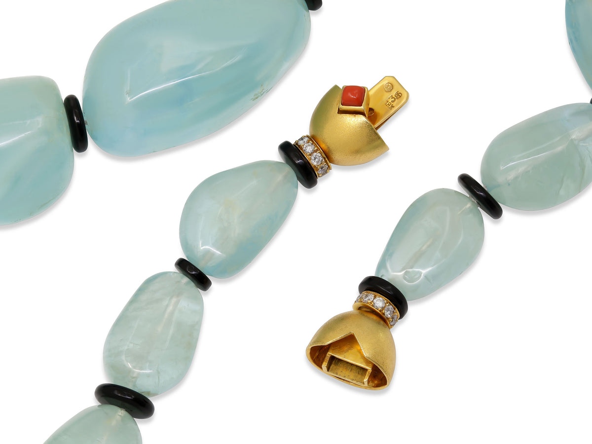 Aquamarine Bead Necklace with 18K Gold and Diamond Clasp