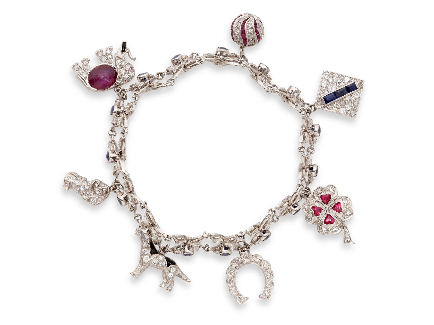 Art Deco Sapphire and Ruby Charm Bracelet in Platinum and 18K White Gold