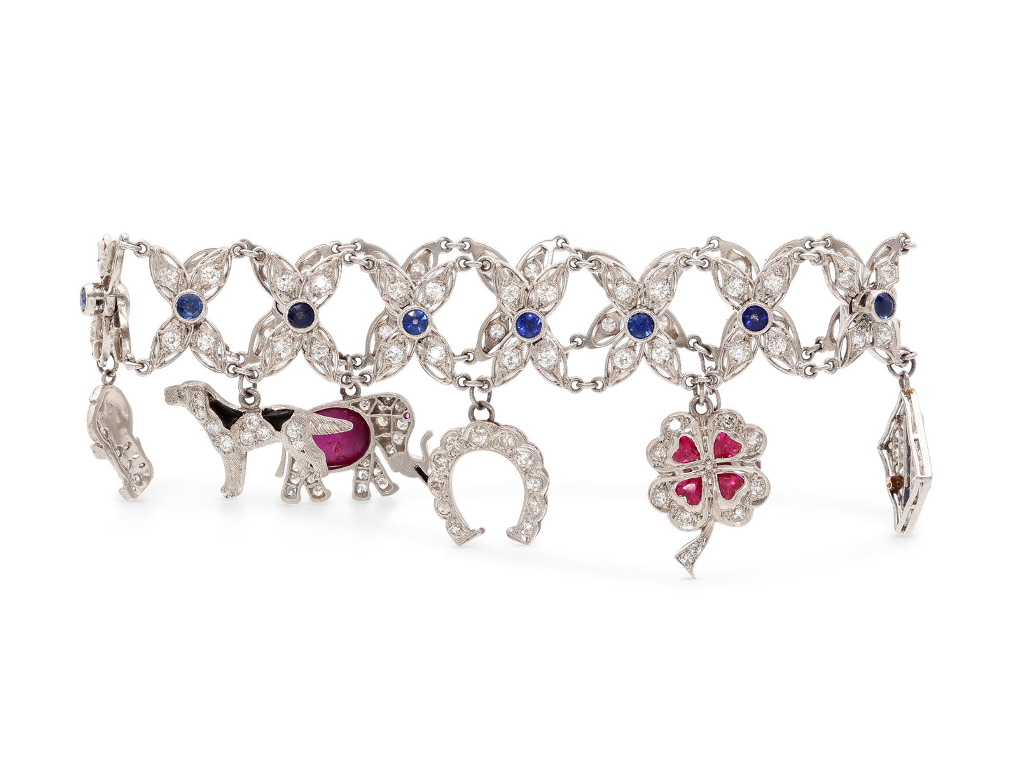 Art Deco Sapphire and Ruby Charm Bracelet in Platinum and 18K White Gold