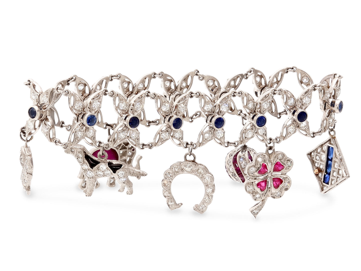 Art Deco Sapphire and Ruby Charm Bracelet in Platinum and 18K White Gold