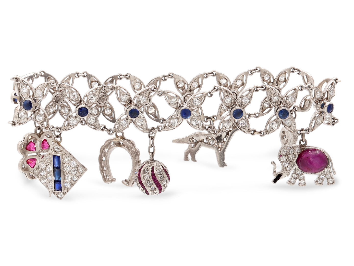 Art Deco Sapphire and Ruby Charm Bracelet in Platinum and 18K White Gold