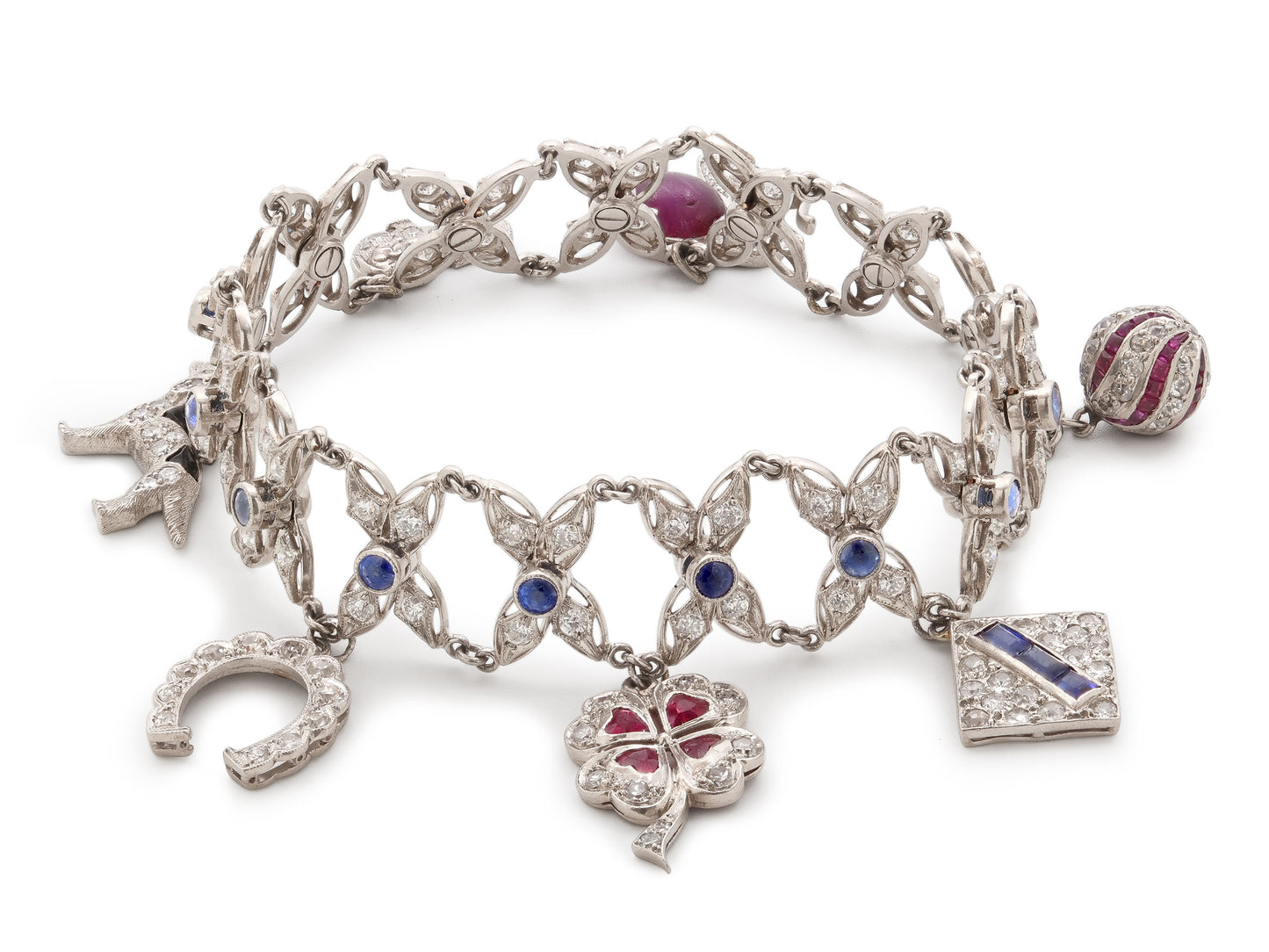 Art Deco Sapphire and Ruby Charm Bracelet in Platinum and 18K White Gold